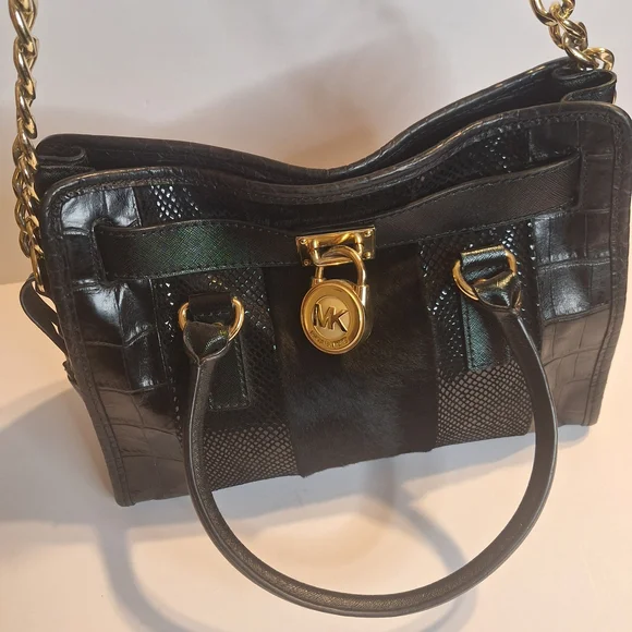 Michael Kors  Mixed Media Haircalf Black Leather Shoulder Bag with Gold Details - Picture 4 of 14